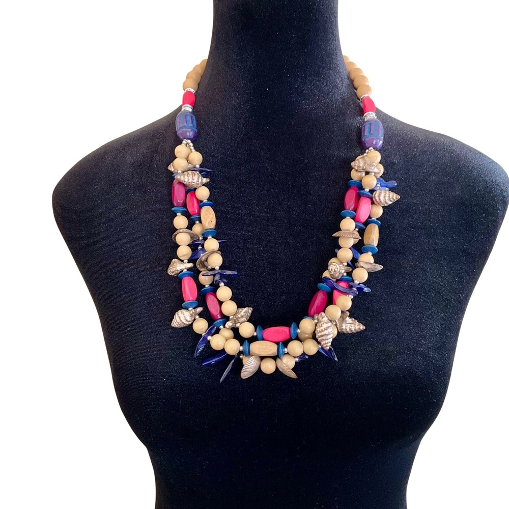 Bohemian Multi Strand Wood Bead Shell Charm Statement Necklace Mermaidcore Beach